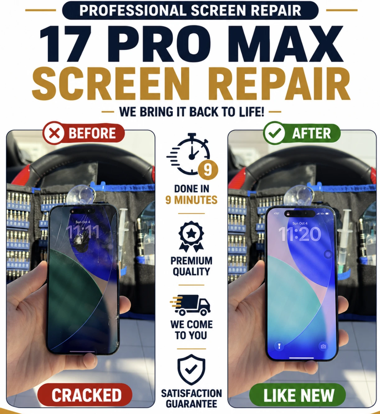 Before and after iPhone 17 Pro Max screen repair