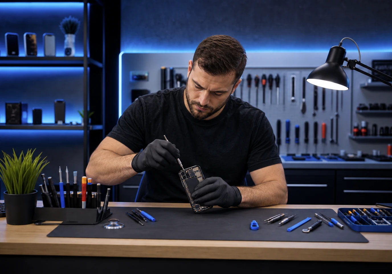 PhoneFix2You technician repairing a smartphone at a workbench